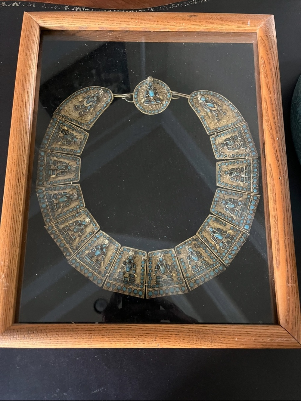 Antique gold color bronze turquoise glass inlays, statement collar necklace.
